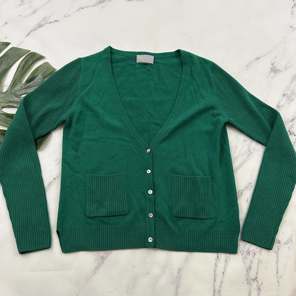 Pure Collection Cardigan Sweater Size 4 Bright Green Wool Cashmere Blend V-neck